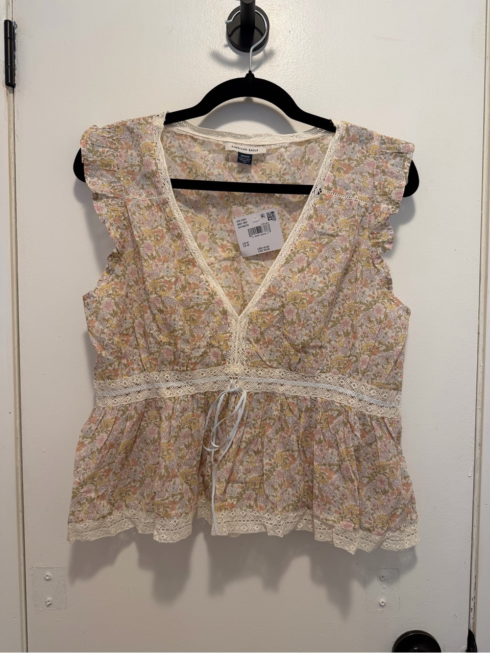 American Eagle Outfitters Floral Lace-Trim Peplum Top - Pink, Cream & Green
